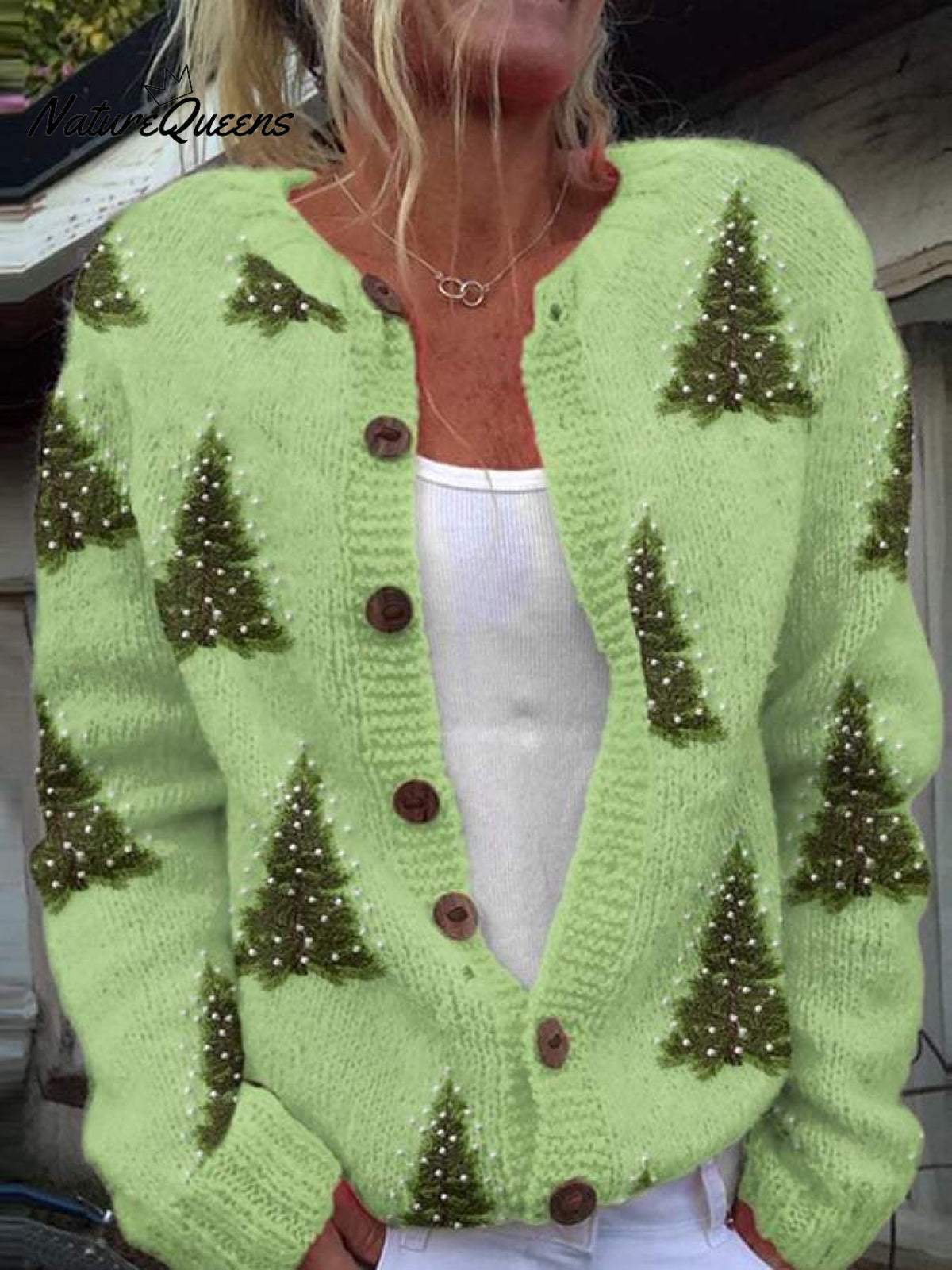 Women's Lovely Christmas Tree Art Print Buttoned Cardigan Sweater