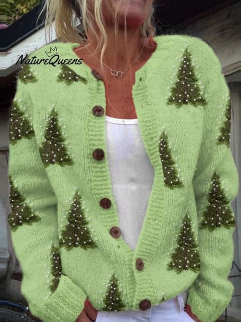 Women's Lovely Christmas Tree Art Print Buttoned Cardigan Sweater