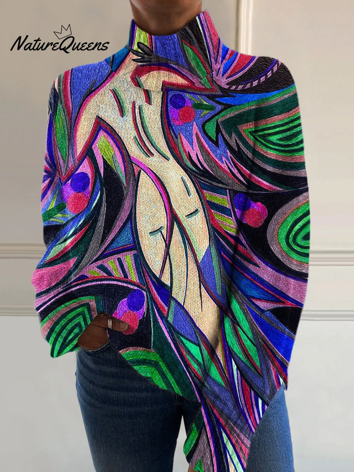 Retro Abstract White Nude Back Art Print Knit Turtleneck Pullover Sweater