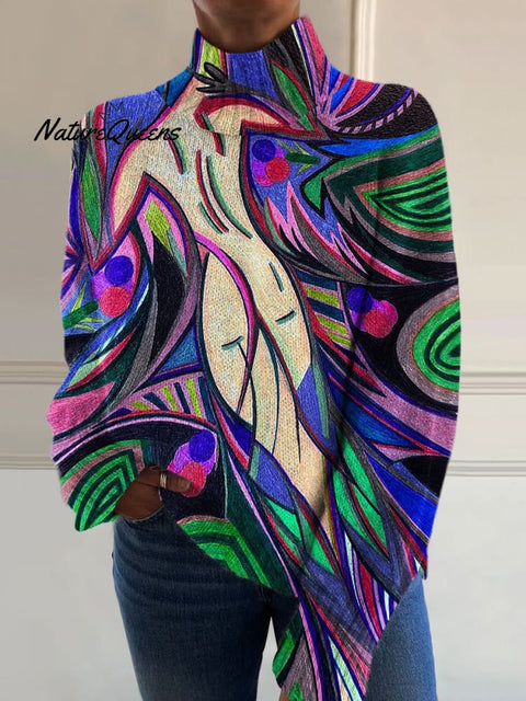 Retro Abstract White Nude Back Art Print Knit Turtleneck Pullover Sweater