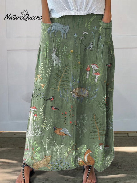Woodland And Animals Pattern Printed Women’s Linen Pocket Skirt