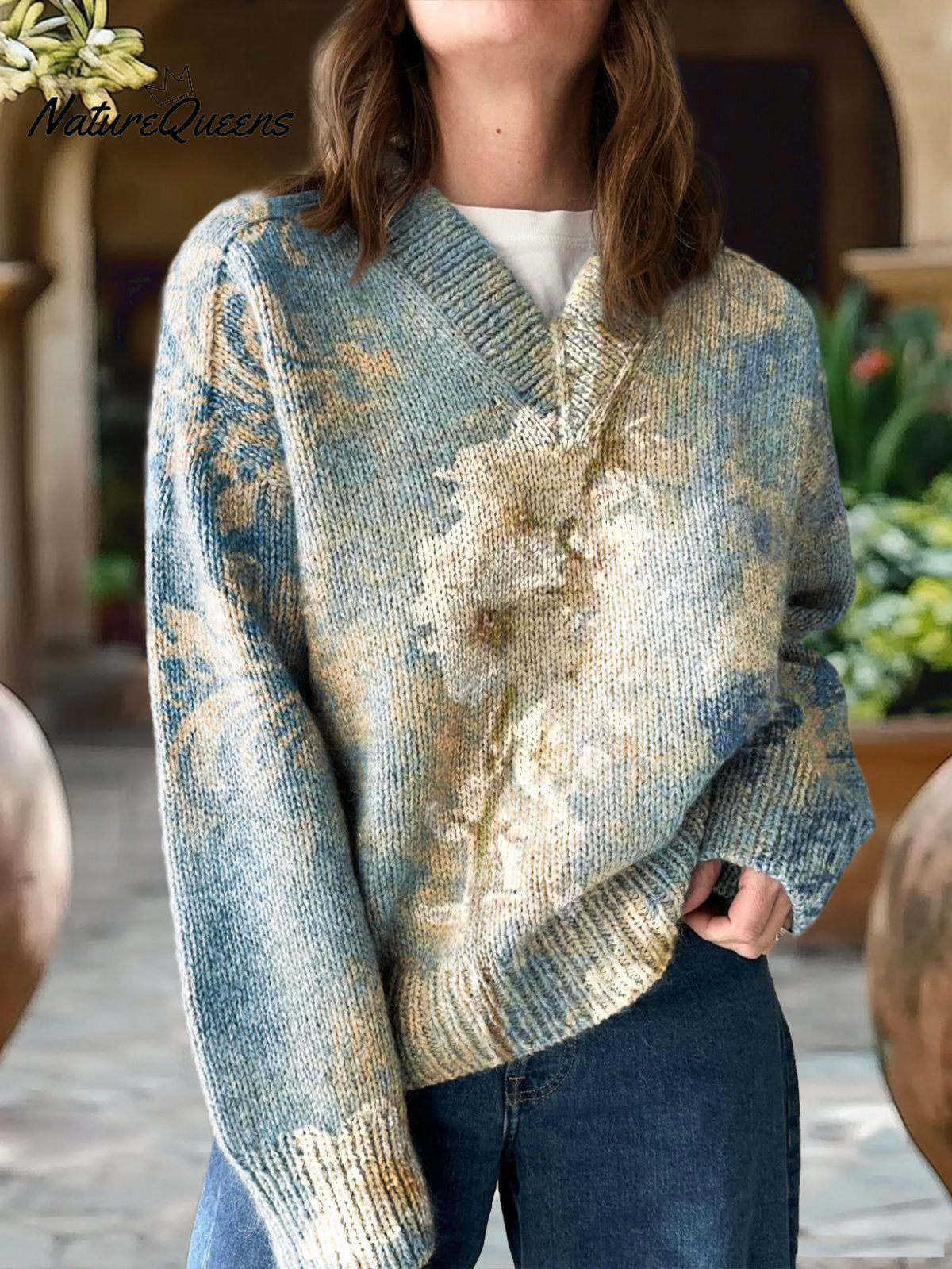 Women's Boho Floral Art Print Casual V-neck Pullover Knit