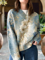 Women's Boho Floral Art Print Casual V-neck Pullover Knit
