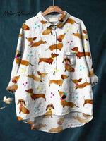Women's Dog Flower Print Casual Cotton And Linen Shirt