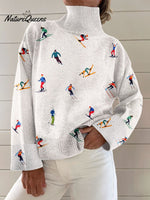 Vintage Winter Ski Print Knit Turtleneck Pullover Sweater