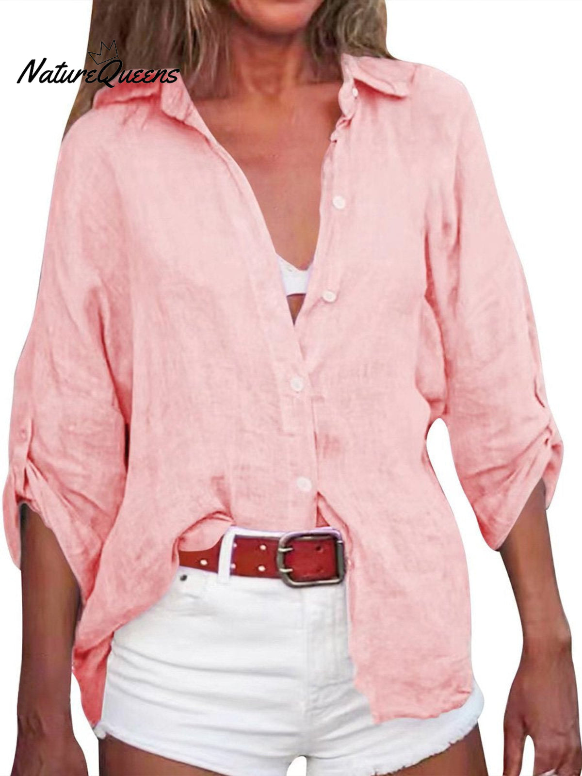Women’s Solid Color Cotton And Linen Loose Fit Shirt Light Pink / S