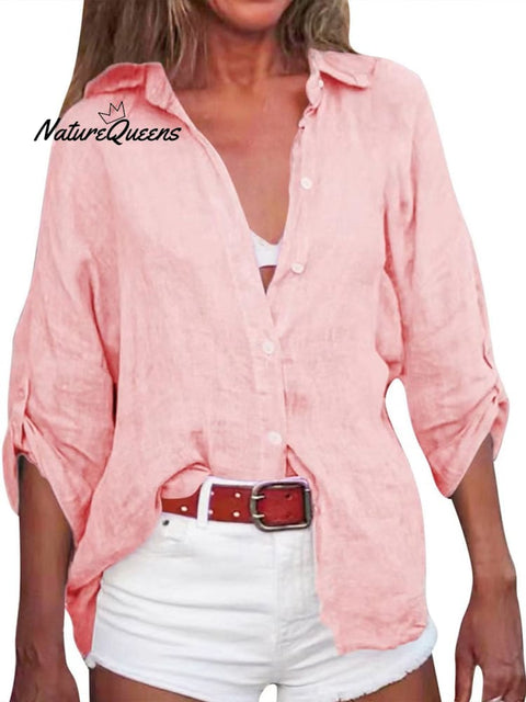 Women’s Solid Color Cotton And Linen Loose Fit Shirt Light Pink / S