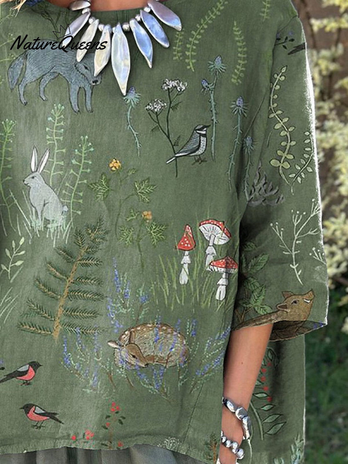 Woodland And Animals Repeat Pattern Printed Women’s Casual Cotton Linen Shirt