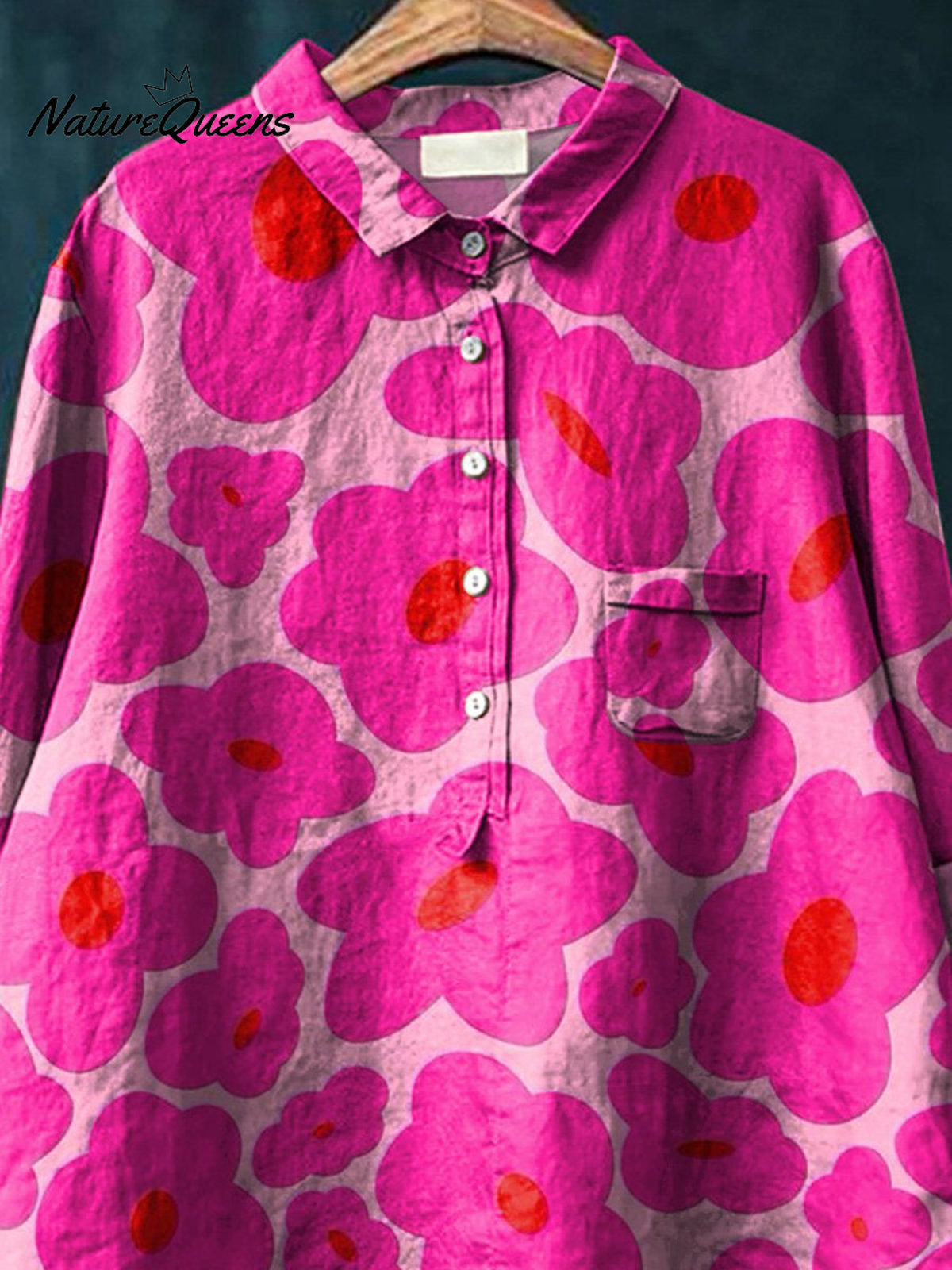 Vibrant Pink Floral Pattern Printed Women's Casual Cotton And Linen Shirt