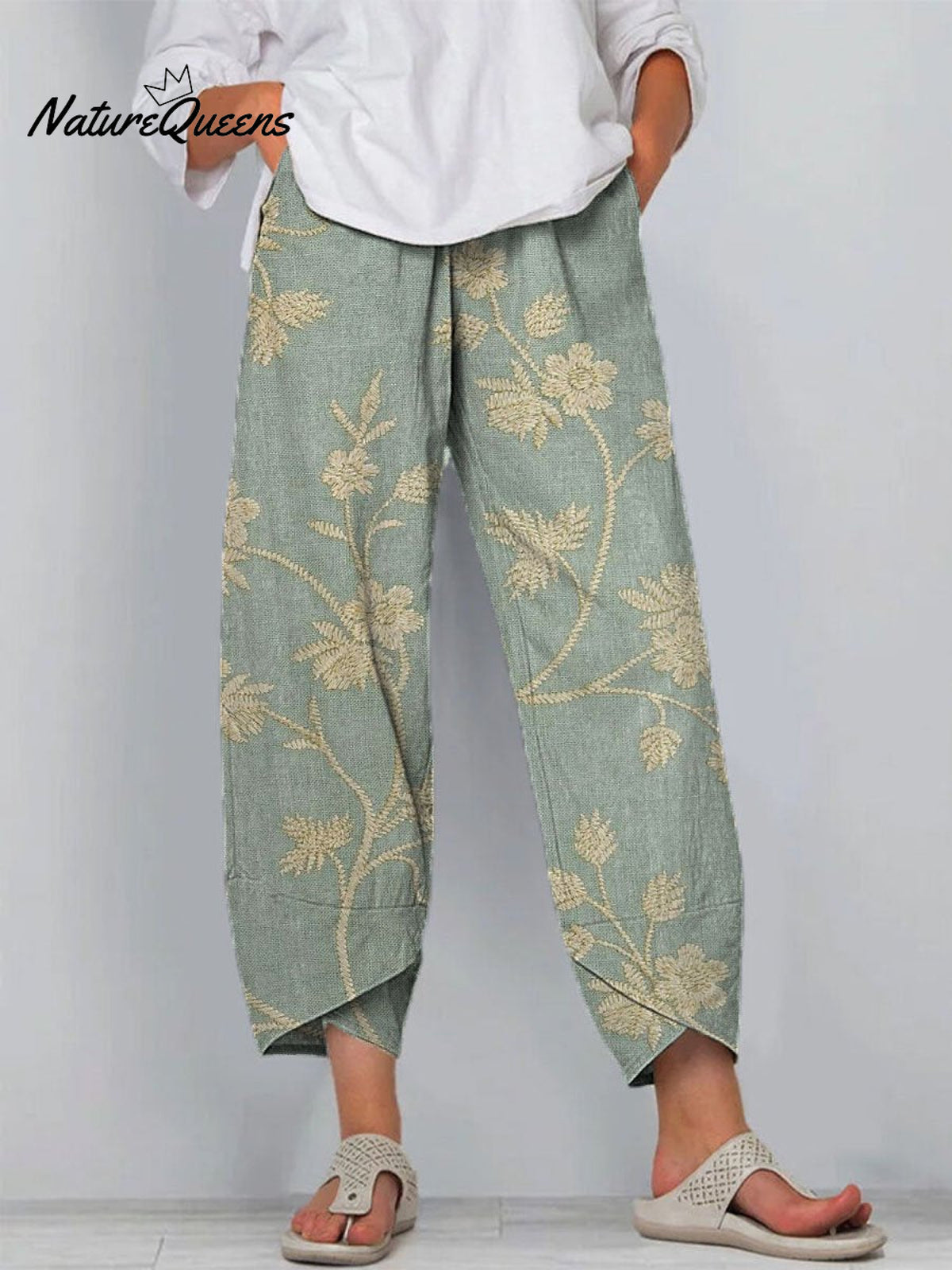 Women's Vintage Lovely Floral Art Printed Cotton And Linen Casual Pants