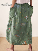 Woodland And Animal Pattern Printed Women’s Linen Pocket Skirt
