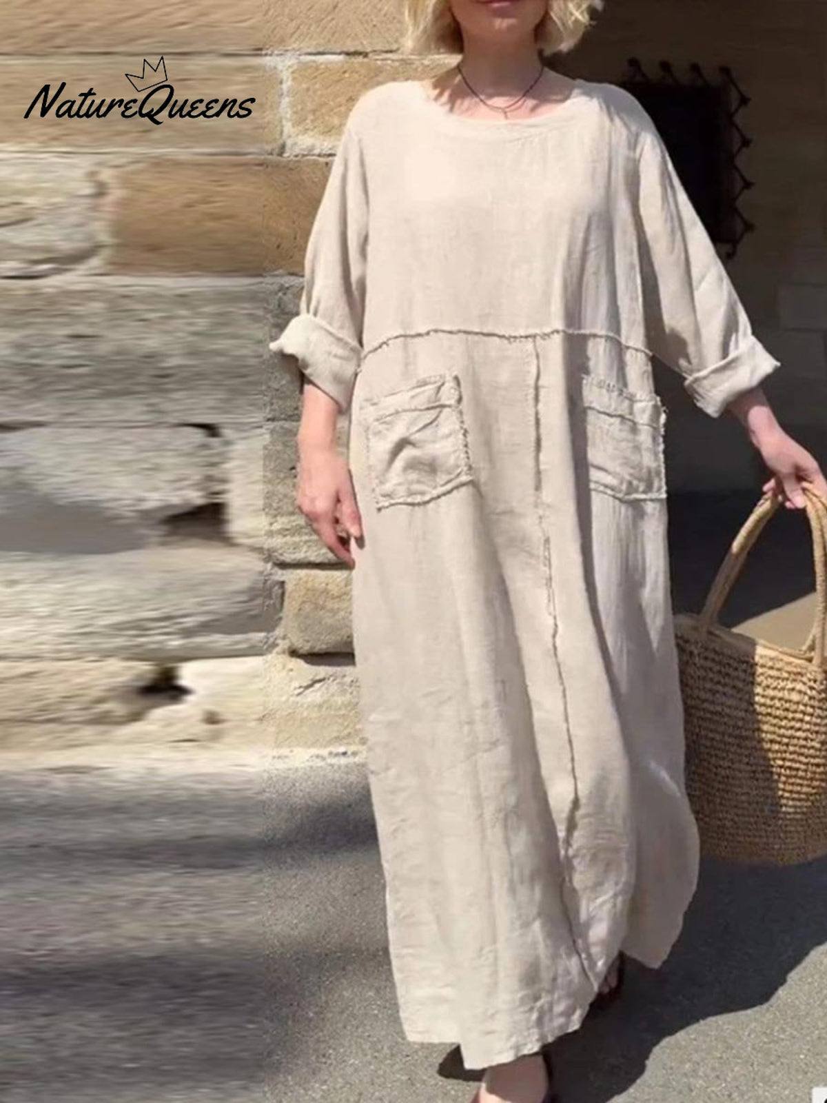 Women's Round Neck Solid Color Cotton And Linen Long Sleeve Pocket Casual Pleated Dress