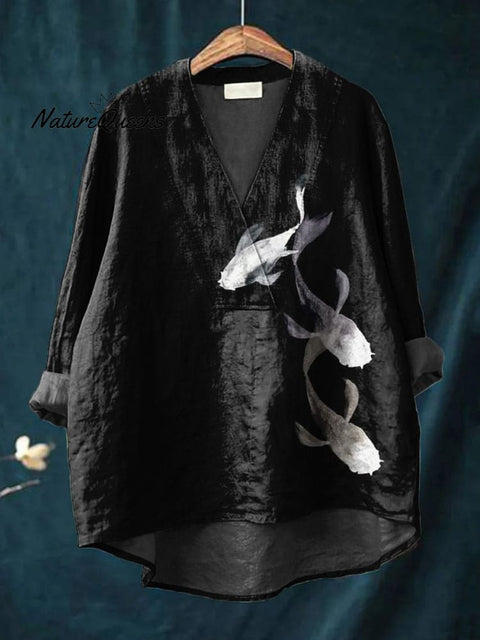 Ink Wash Night Koi Fish Art Printed Women's Casual Cotton And Linen V-neck Shirt