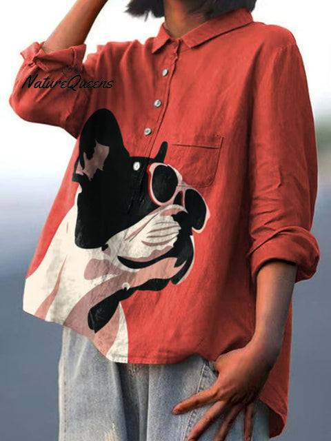 Decorative Pattern of French Bulldog Wearing Sunglasses On Red Background Casual Cotton And Linen Shirt