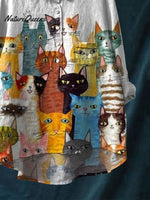 Women's Cute Cat Print Casual Cotton And Linen Shirt