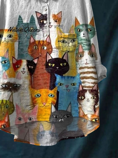 Women's Cute Cat Print Casual Cotton And Linen Shirt