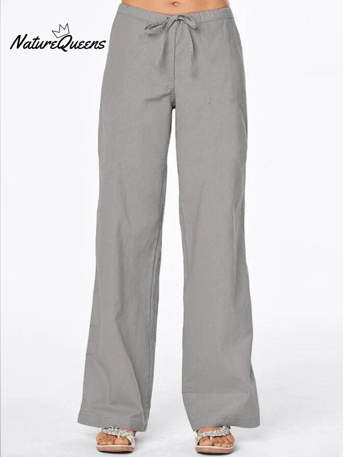 Women’s Solid Colour Tie Casual Wide Leg Linen Pants Grey / S