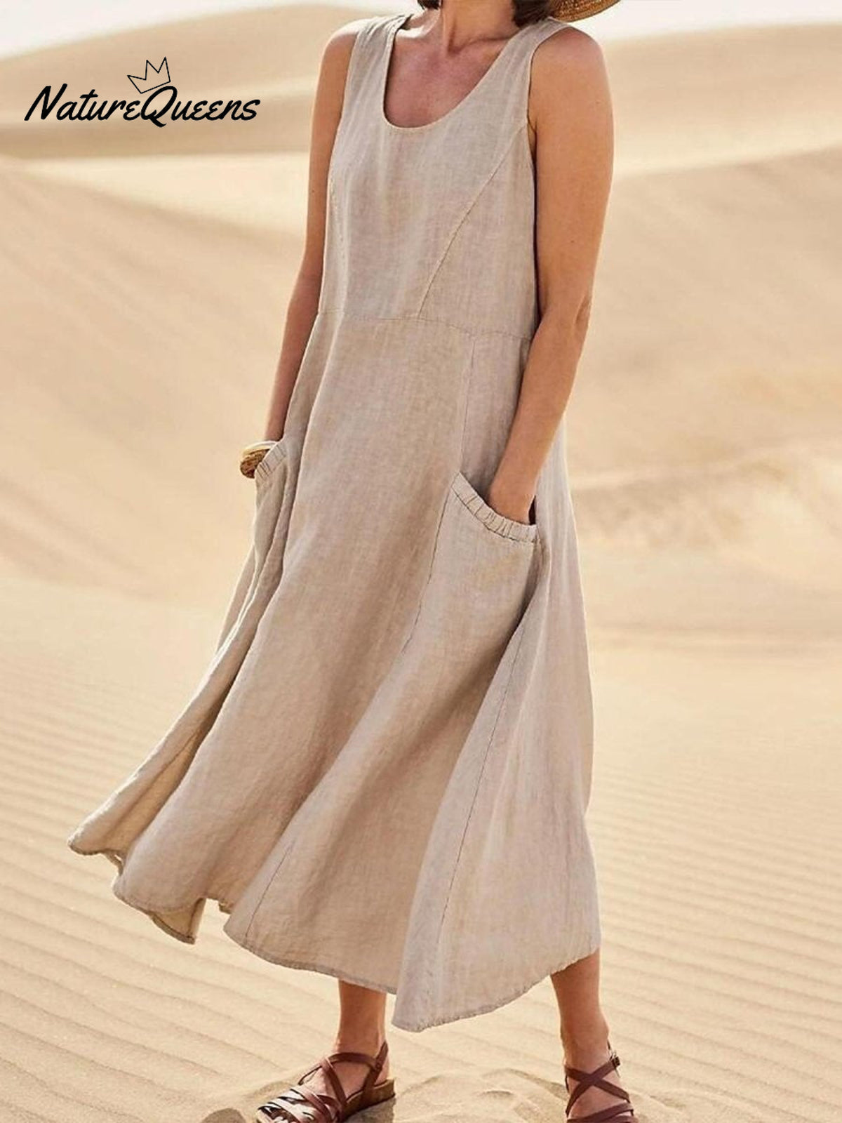 Women Sleeveless Sundress Elegant Round Neck Cotton Linen Solid Long Tank Casual Summer Dress Khaki
