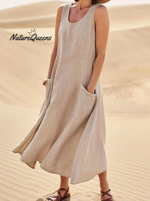 Women Sleeveless Sundress Elegant Round Neck Cotton Linen Solid Long Tank Casual Summer Dress Khaki