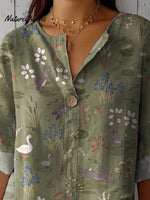 Spring Pond And Animal Pattern Printed Women's Casual Cotton Linen Shirt