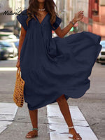 Temperament Cotton And Linen Loose V - Neck Women’s Dress Navy Blue / S