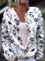 Vintage Flower Art Print Buttoned Cardigan Sweater
