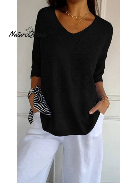 Women’s Solid Color Knitted 3/4 Sleeve V - Neck Top Black / S