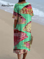 Women's Vintage Lovely Fish Art Print Flowy Dress