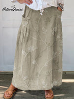 Women’s Flowers And Leaves Art Pattern Print Linen Pocket Skirt Sand / S