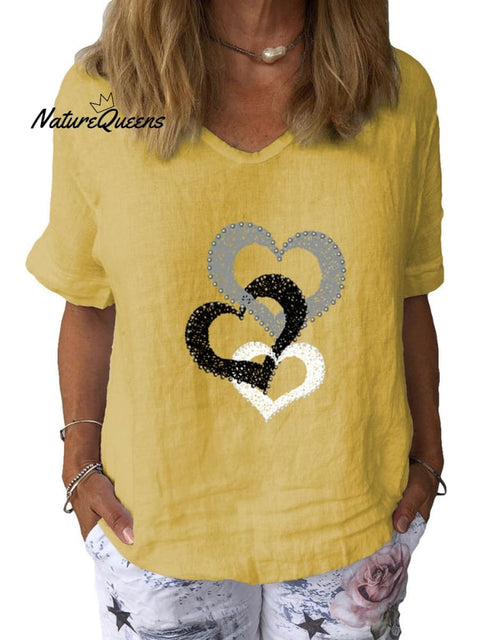 Women’s Love Art Print Cotton & Linen Casual Top Yellow / S