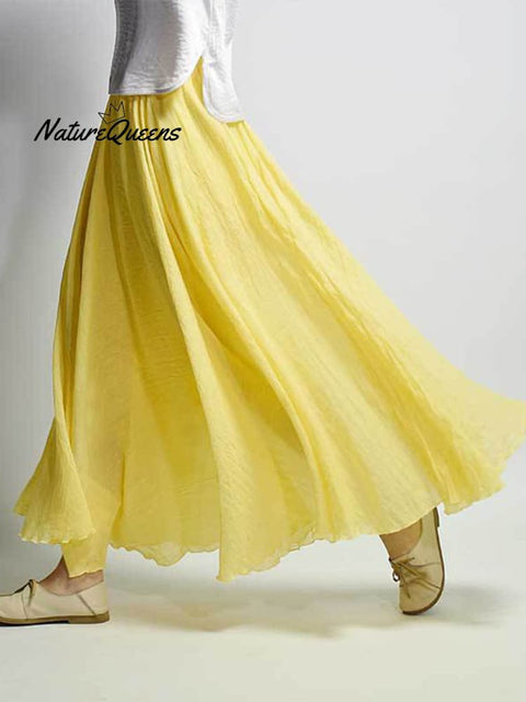 Women’s Cotton Linen Skirt Casual Elastic High Waist Pleated A-Line Beach Skirts Primrose Yellow / S