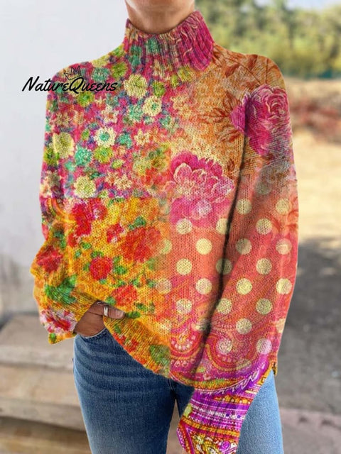 Women's Floral Polka Dot Art Print Knitted Turtleneck Sweater