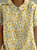 Sweet Yellow Floral Pattern Printed Women’s Casual Cotton And Linen Shirt