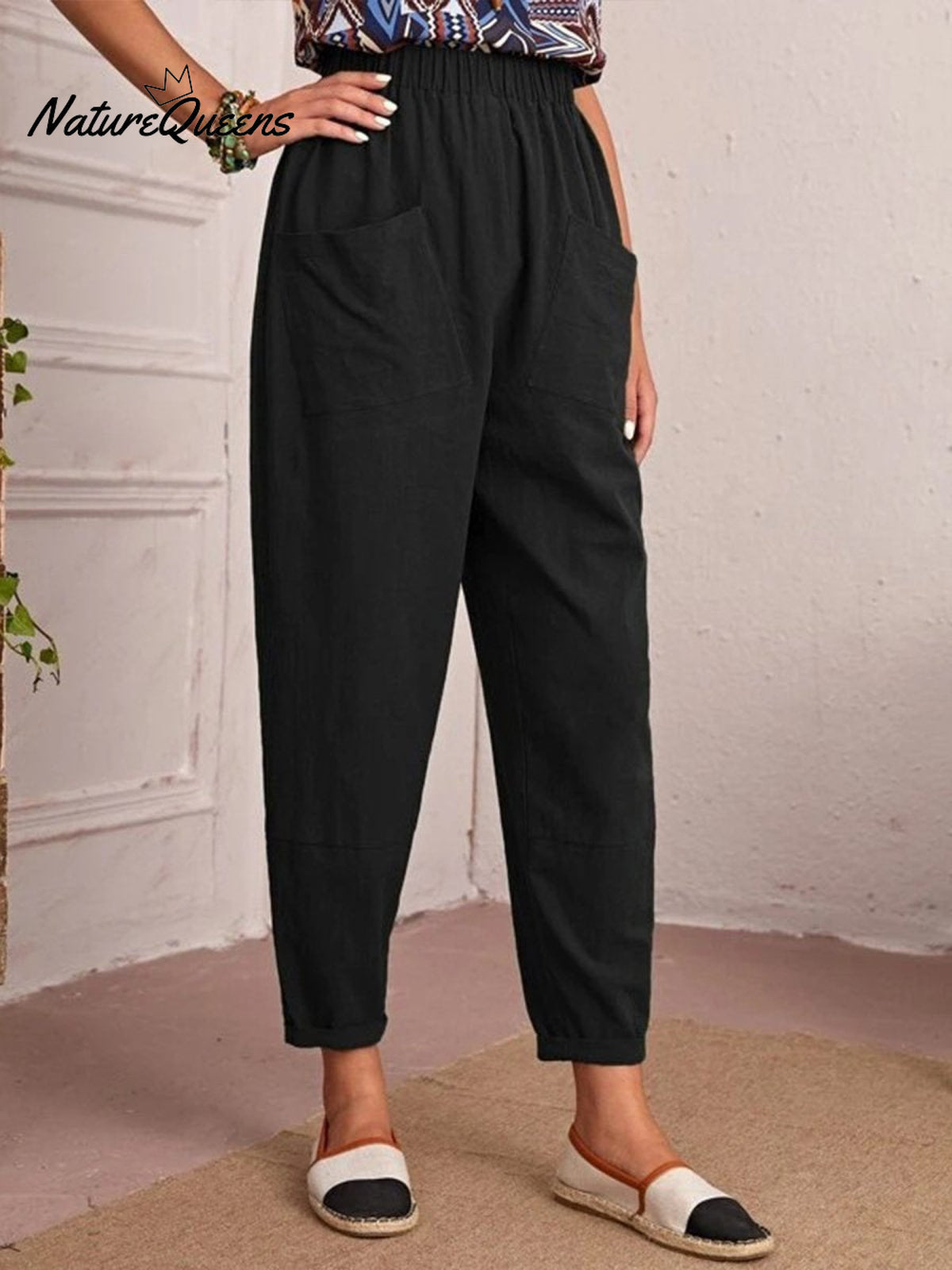 Cotton And Linen Elastic Waist Pocket Tapered Pants