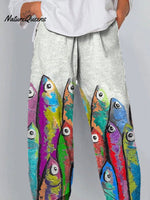 Funny Colorful Sardine Fish Art Printed Women's Cotton And Linen Casual Pants