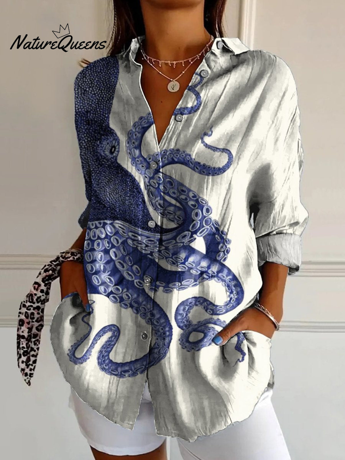 Women's Vintage Deep Sea Octopus Tentacles Art Print Casual Cotton Shirt