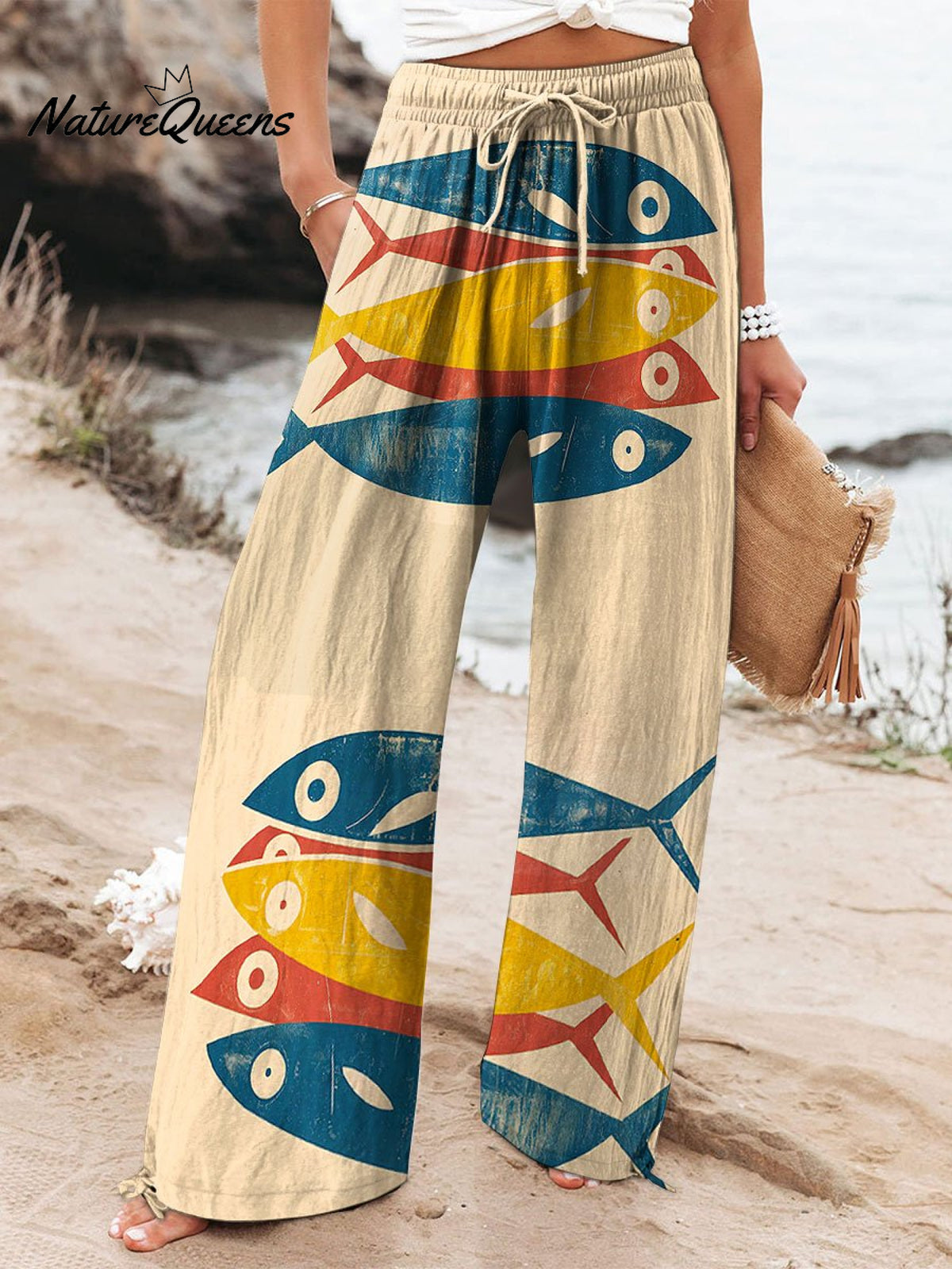 Women's Vintage Fish Sardine Art Print Cotton And Linen Casual Pants