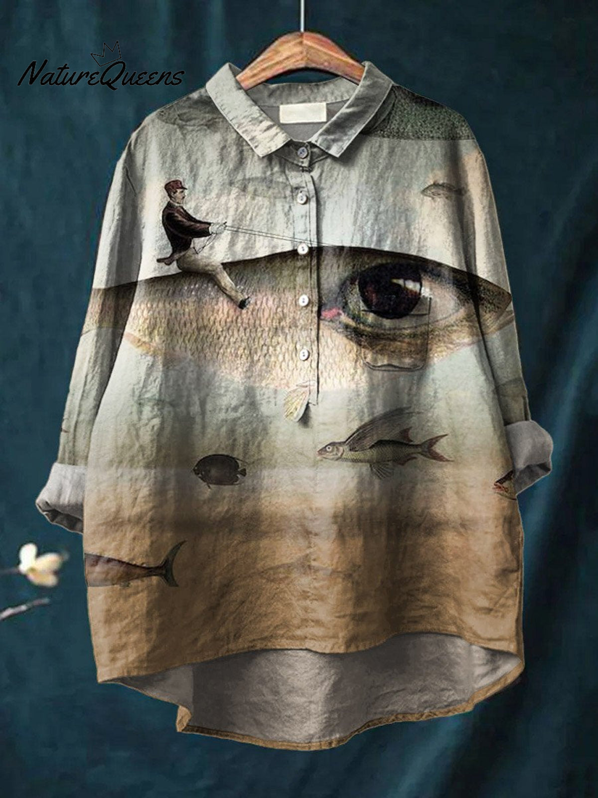 Vintage Funny Fish Art Print Casual Cotton And Linen Shirt