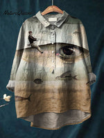 Vintage Funny Fish Art Print Casual Cotton And Linen Shirt