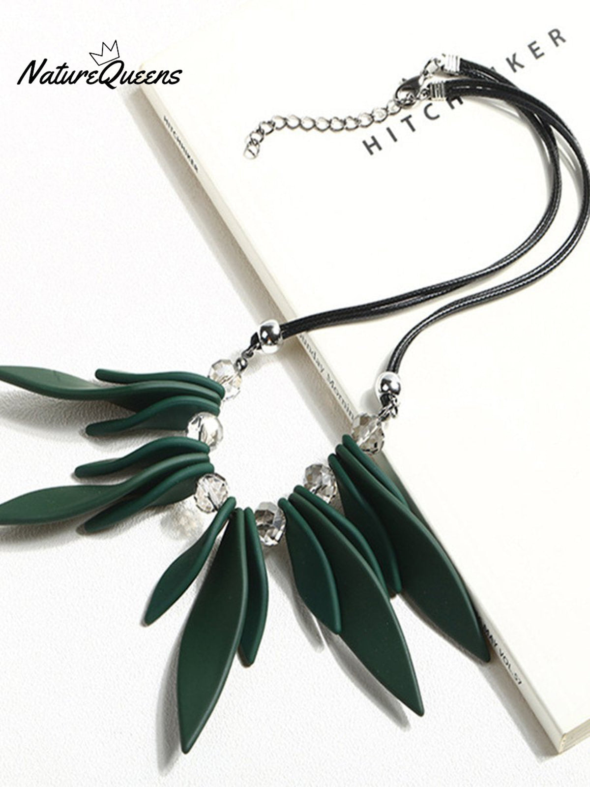 Multilayered Leaf Crystal Leather Cord Necklace Green / Onesize