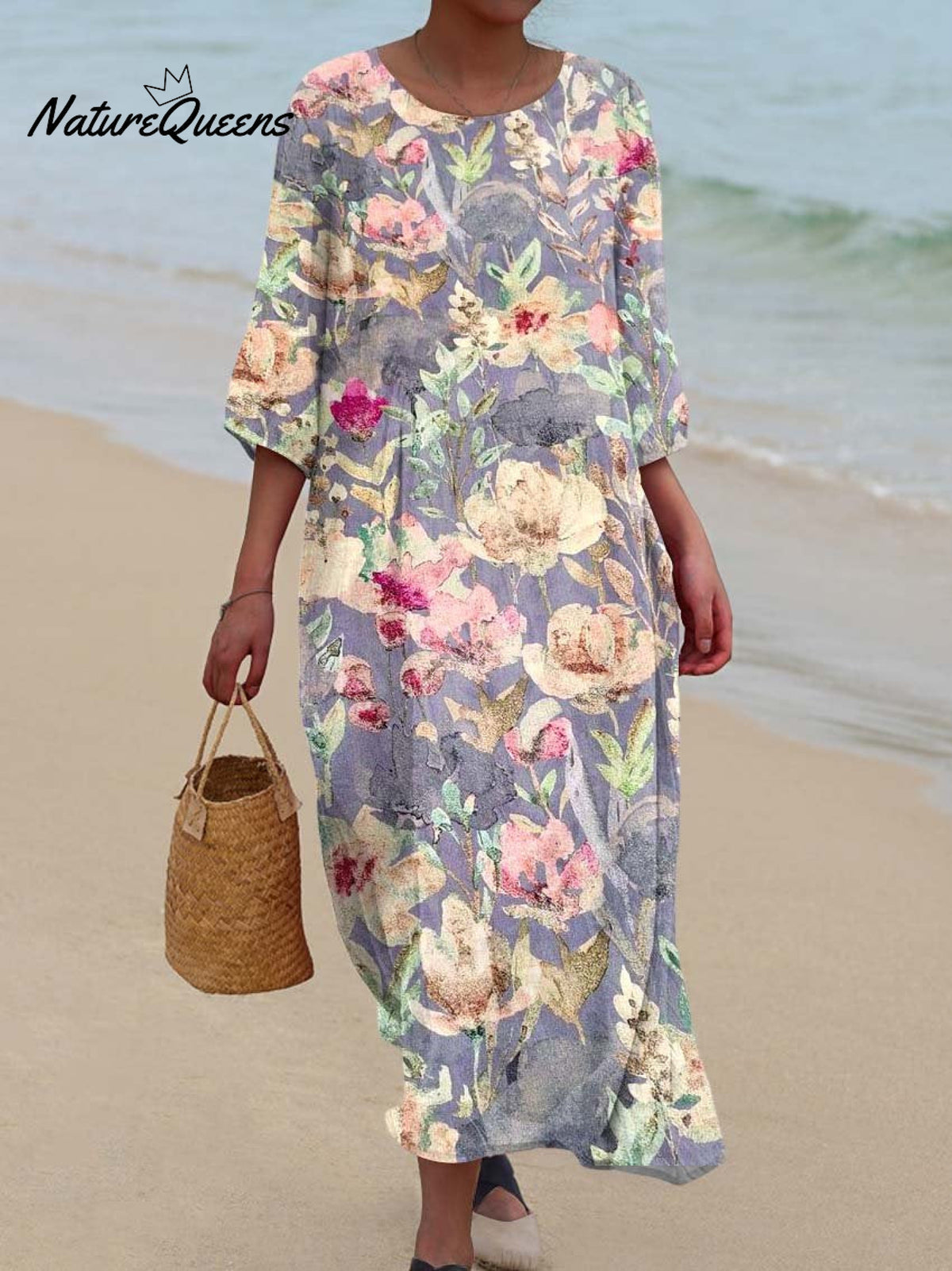 Women's Retro Purple Floral Print Pocket Cotton Dress