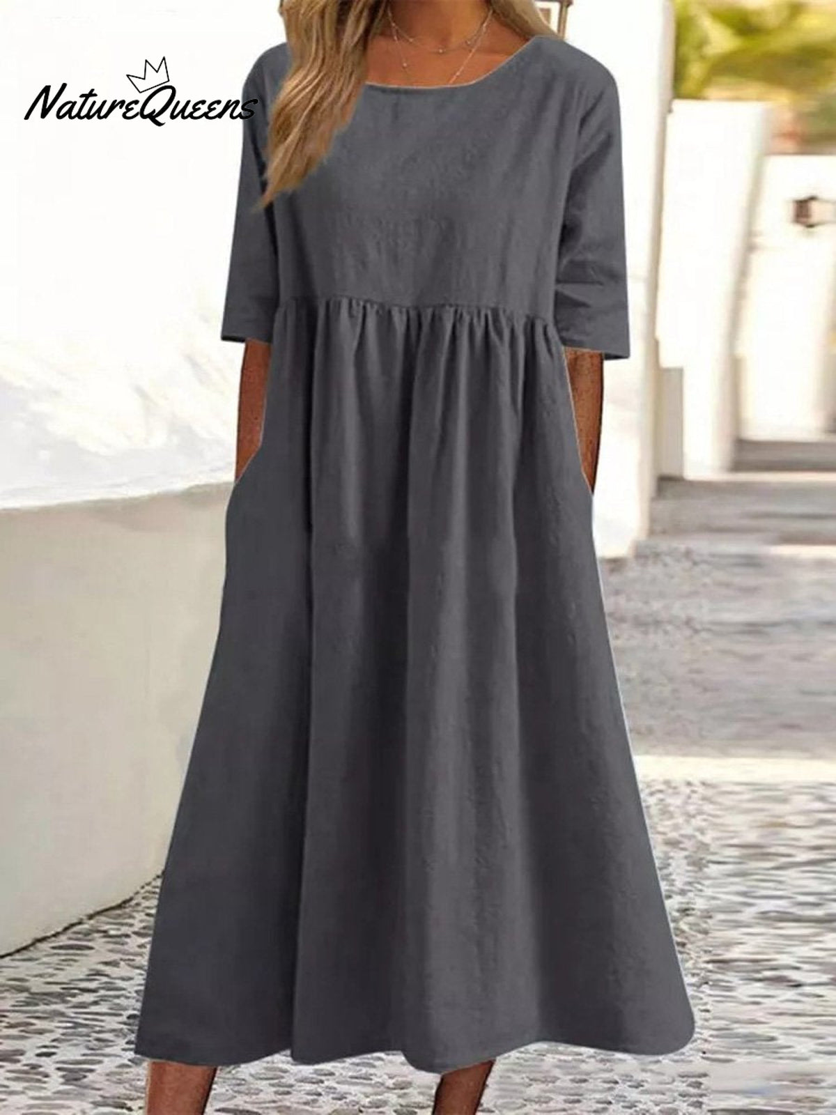 Cotton And Linen Casual Short Sleeve Pocket Pleated Loose Round Neck Dress Dark Grey / S