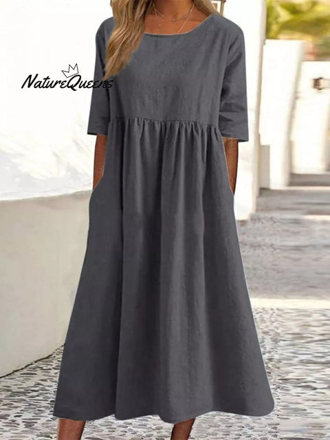 Cotton And Linen Casual Short Sleeve Pocket Pleated Loose Round Neck Dress Dark Grey / S