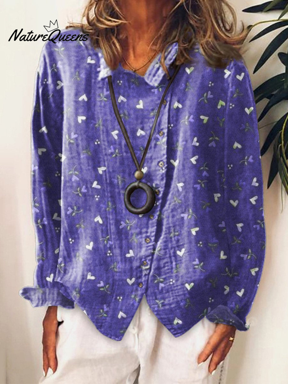 Women’s Flower Art Print Cotton & Linen Casual Long Shirt Multicolor / S