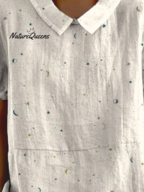 Women’s Lovely Little Stars Moons Art Print Casual Cotton And Linen Shirt