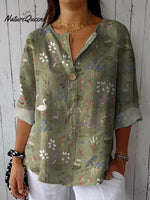 Spring Pond And Animal Pattern Printed Women's Casual Cotton Linen Shirt