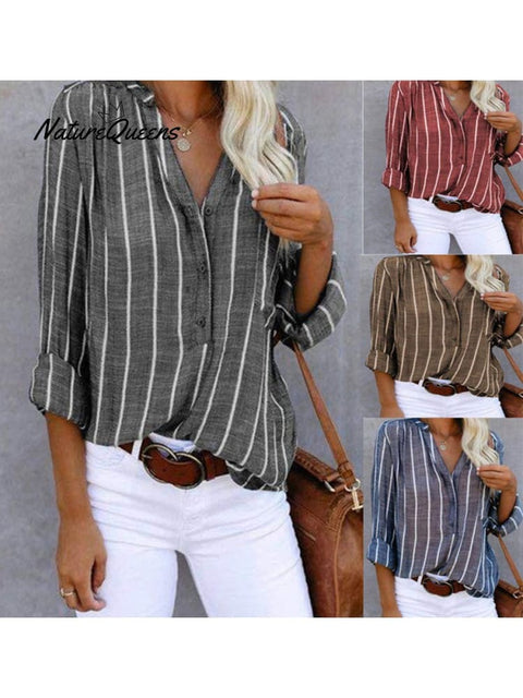 Women‘s Long Sleeve Blouse Ladies Fashion V - Neck Stripe Shirt