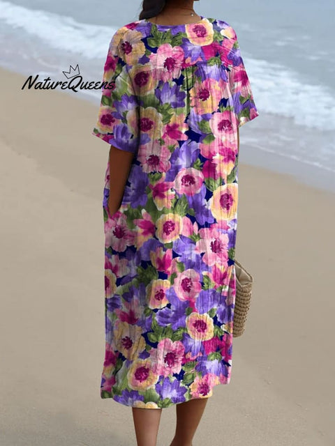 Women's Flower Watercolor Splash Fluid Art Print Flowy Dress