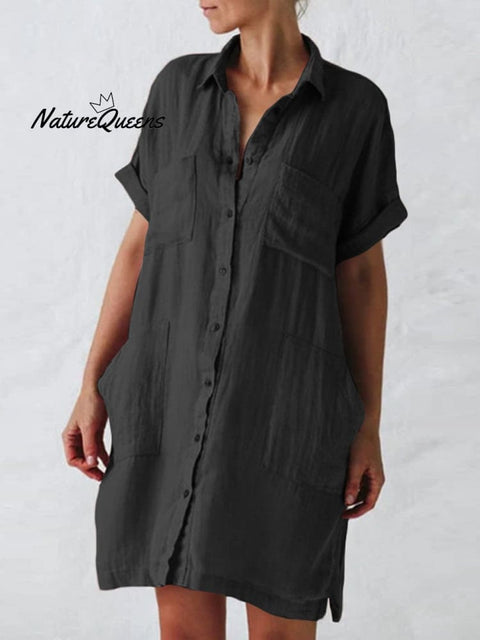 Women's Cotton And Linen Short Sleeve Irregular Pockets Shirt Dress