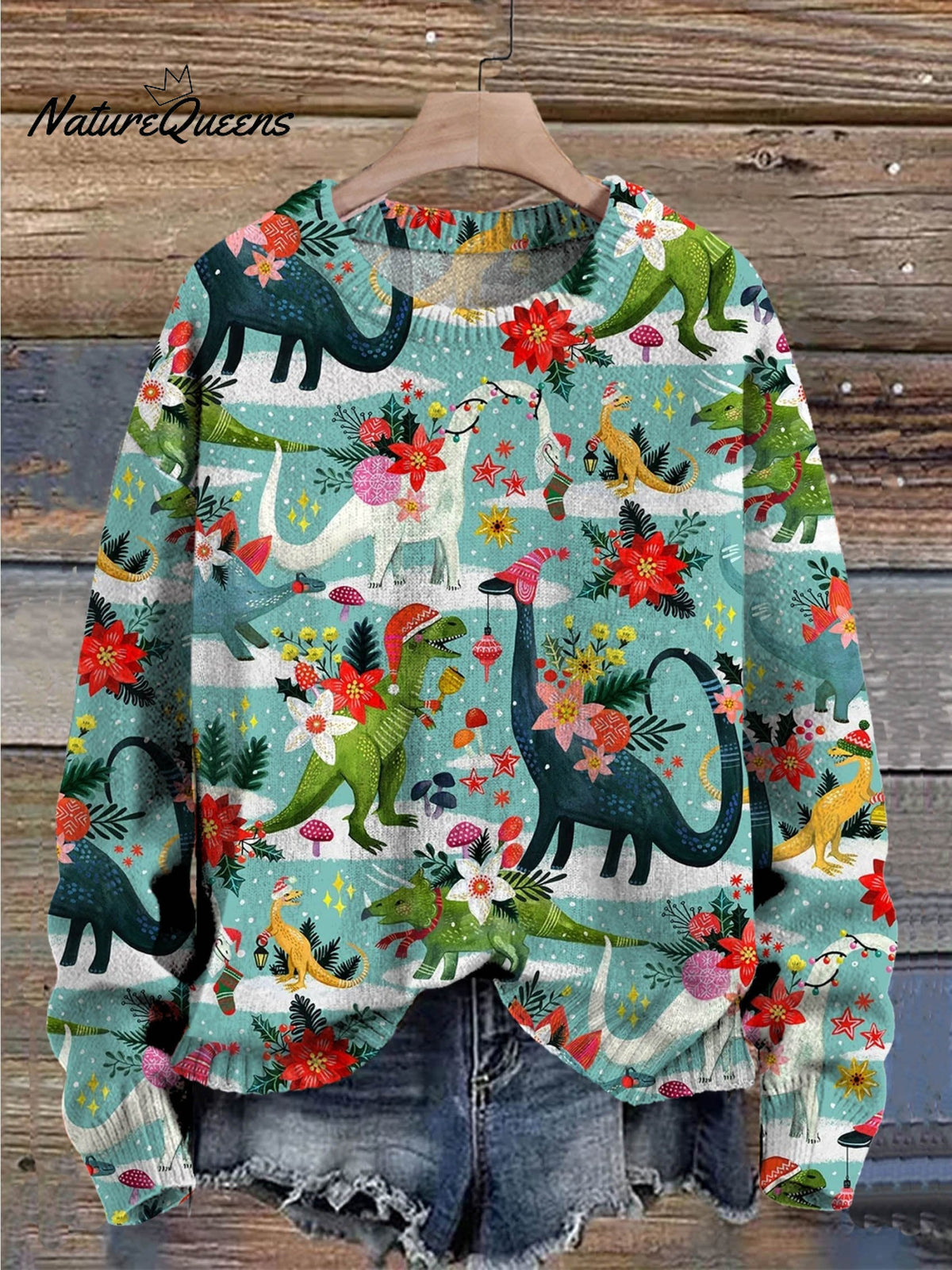 Cute Christmas Dinosaurs Floral Art Pattern Print Casual Knit Pullover Sweater